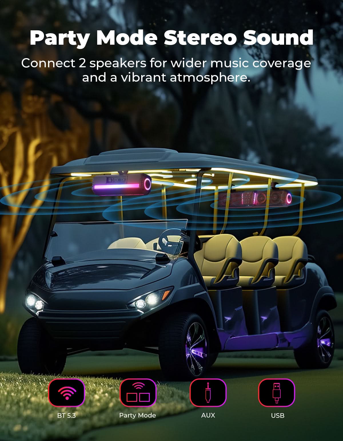 Midnight 40 Gen1.5 Metal 16" Bluetooth Sound Bar –2026 Compact RGB UTV Speaker for Golf Cart, ATV, Polaris RZR
