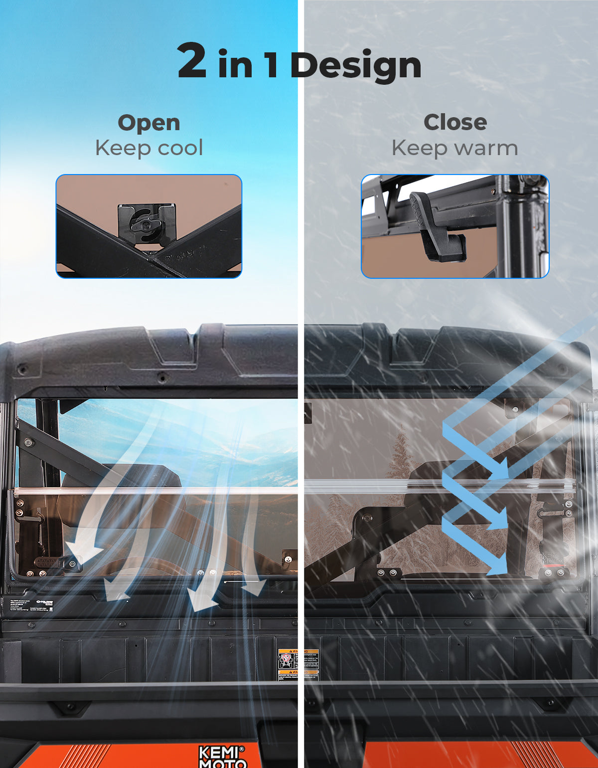 2-IN-1 Foldable Vented Rear Window for Polaris Ranger XP 1000/Crew 2017-2026
