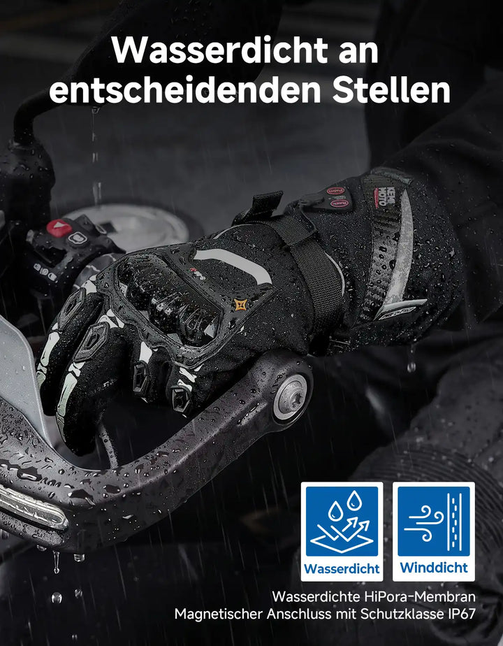 Heated Motorcycle Gloves with Hybrid Power and Magnetic Connector