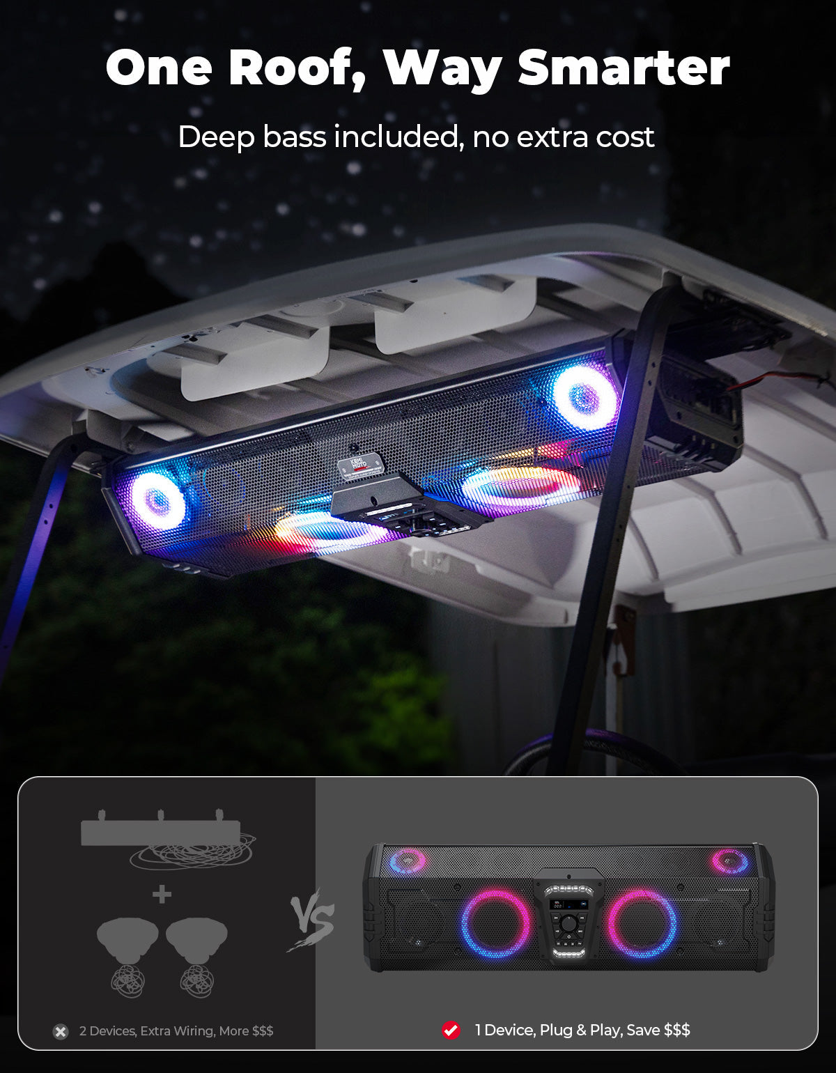Midnight 90 Roof 34" Golf Cart Bluetooth Sound Bar RGB Lights 800W MAX Waterproof Speaker