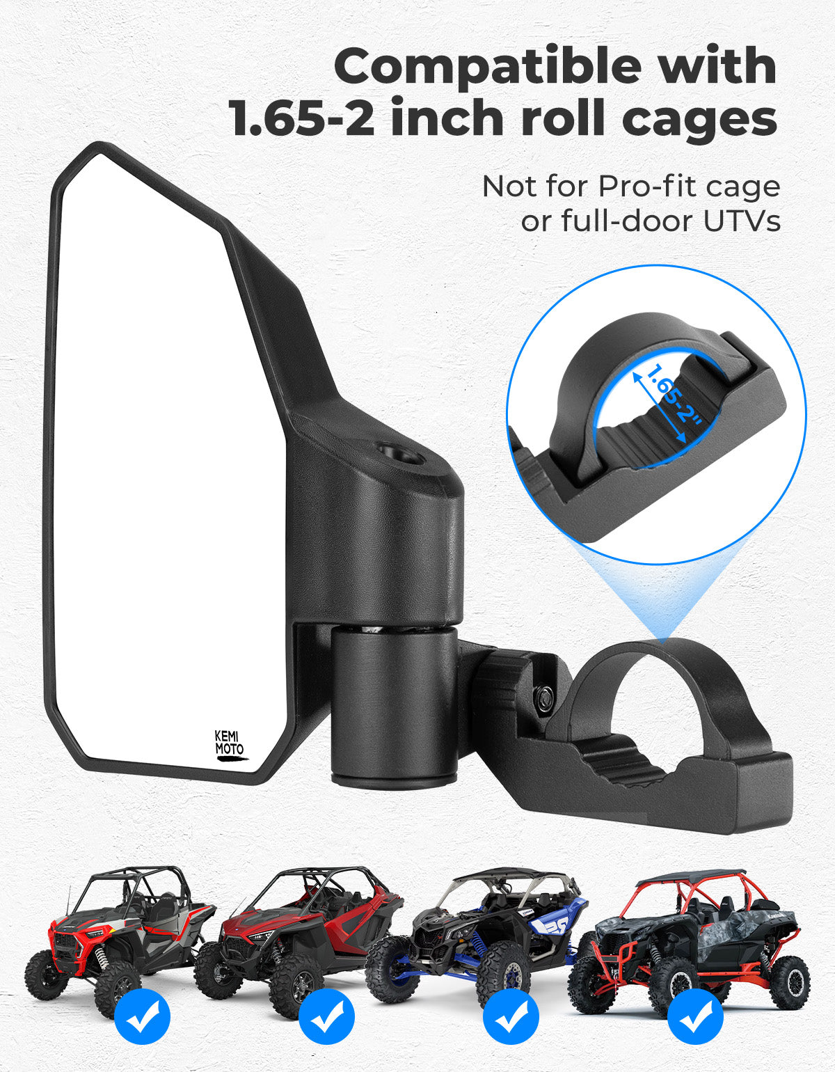 UTV Side Mirrors w/ 1.65"-2.0" Roll Cage for Polaris RZR/Can Am X3/Pioneer/Talon/Mule/CFMOTO