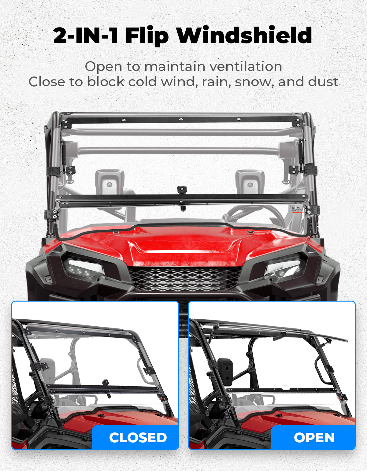 2-IN-1 Flip Windshield for Pioneer 1000 1000-5 1000-6 2016-2025