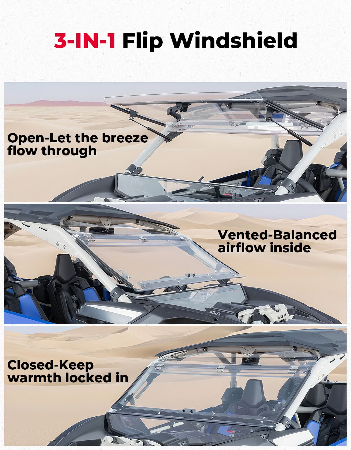 Clear 3-in-1 Front Flip Windshield for Can-Am X3 & X3 Max – Hard-Coated 1/4" Polycarbonate, Scratch Resistant