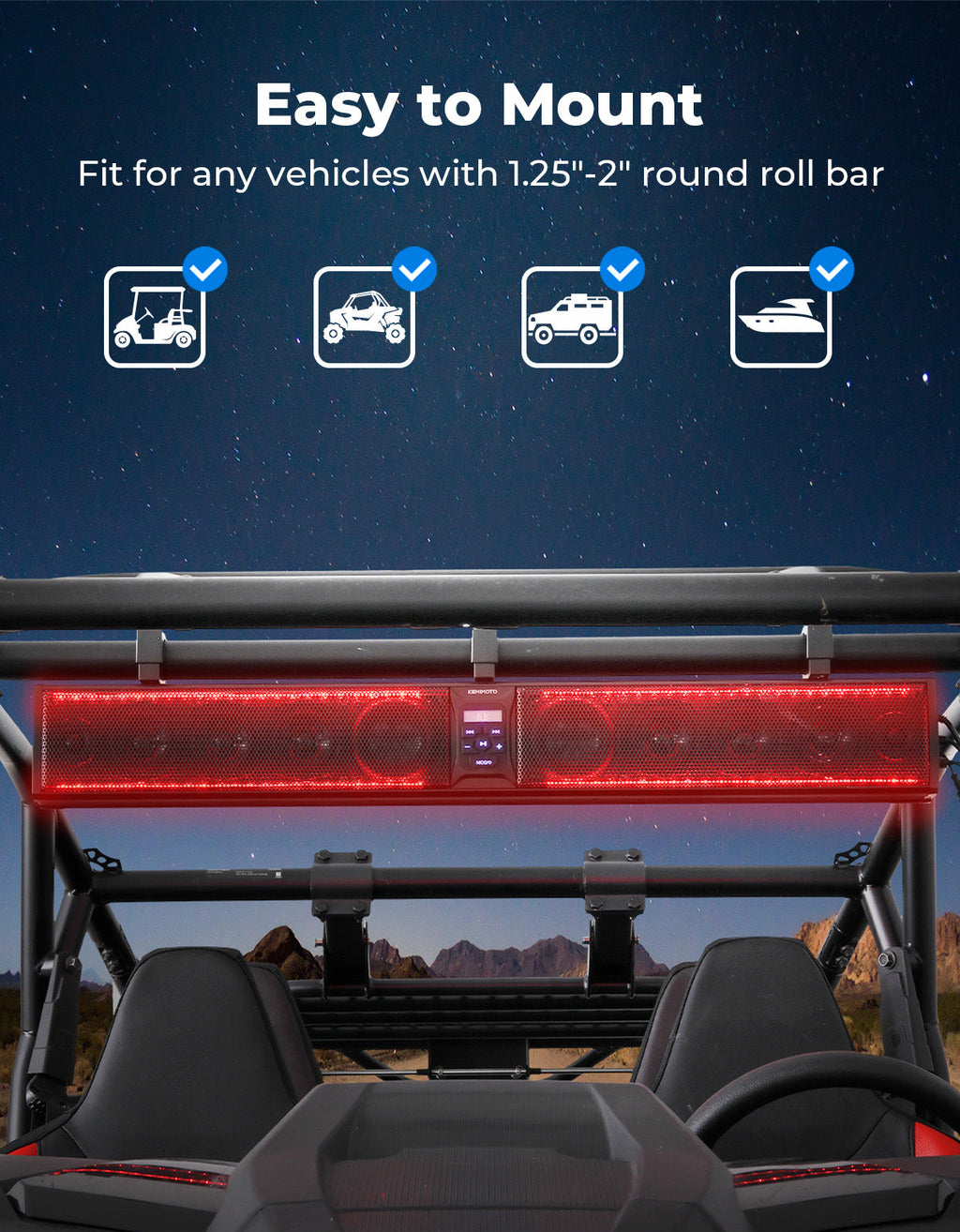 10 Speaker Aluminum RGB Sound Bar for UTV Golf Cart Marine with 1.25 in-2 in Roll Bar