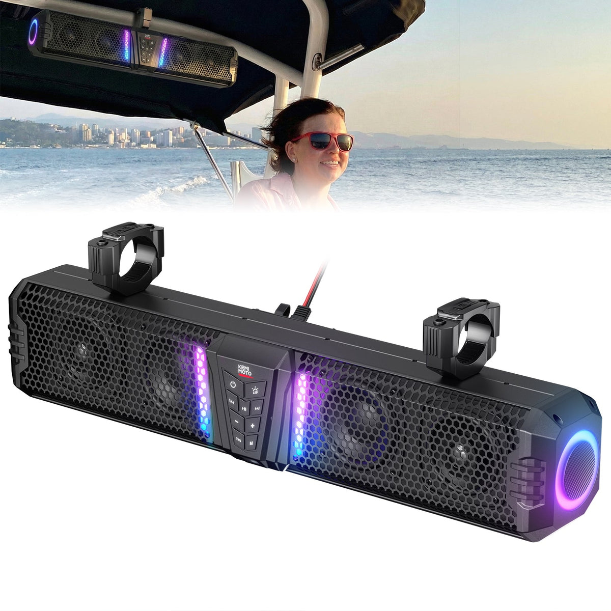 KEMIMOTO Midnight Gen1.5 Metal Sound Bar for Boats with 1”-2” Roll Bar
