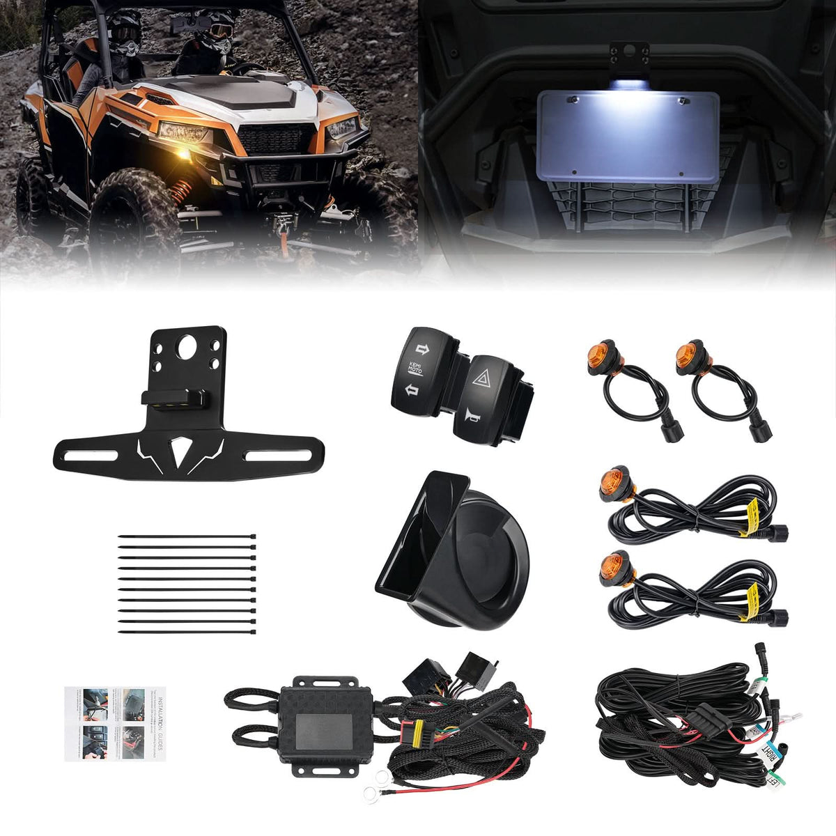 UTV Turn Signal Kit with 110D Horn and License Plate Holder with Light for Polaris, Can-Am, Teryx, CFMOTO