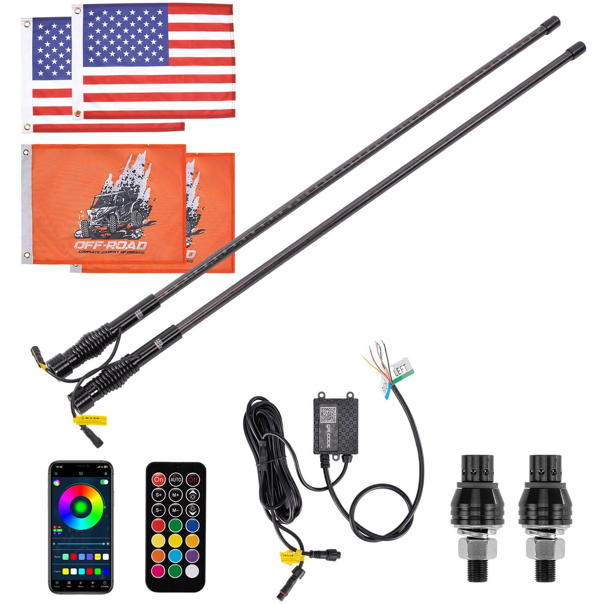 UTV LED Whip Lights 3FT (2PCS) – APP Control, Signal Sync, Spring Base – Fits Maverick X3, Polaris RZR, Talon
