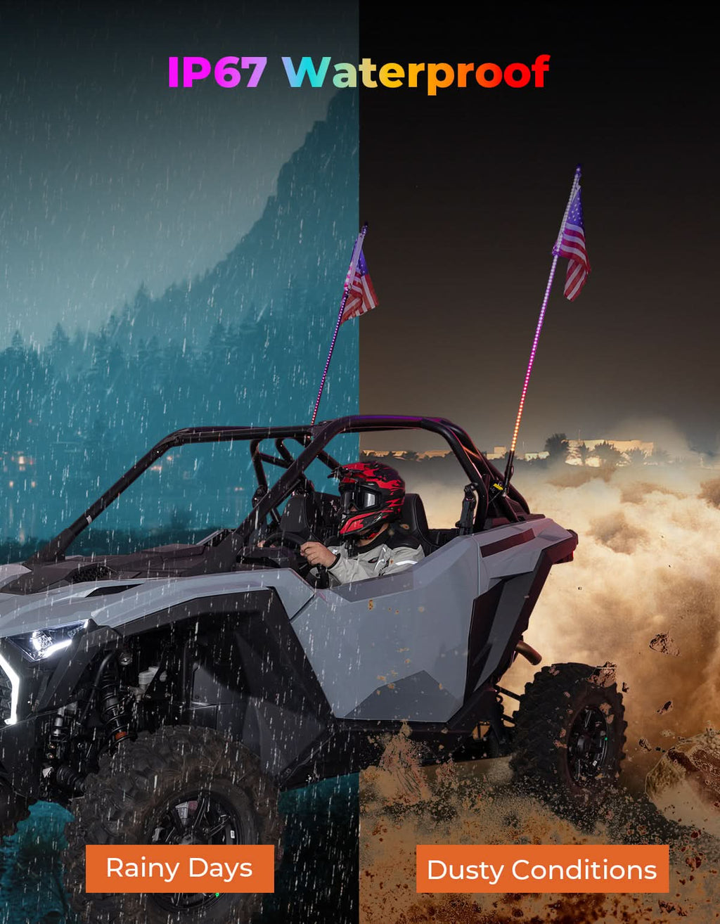 UTV LED Whip Lights 3FT (2PCS) – APP Control, Signal Sync, Spring Base – Fits Maverick X3, Polaris RZR, Talon