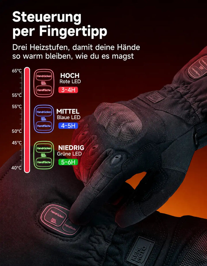 Heated Motorcycle Gloves with Dual-Zone Heating and Batteries