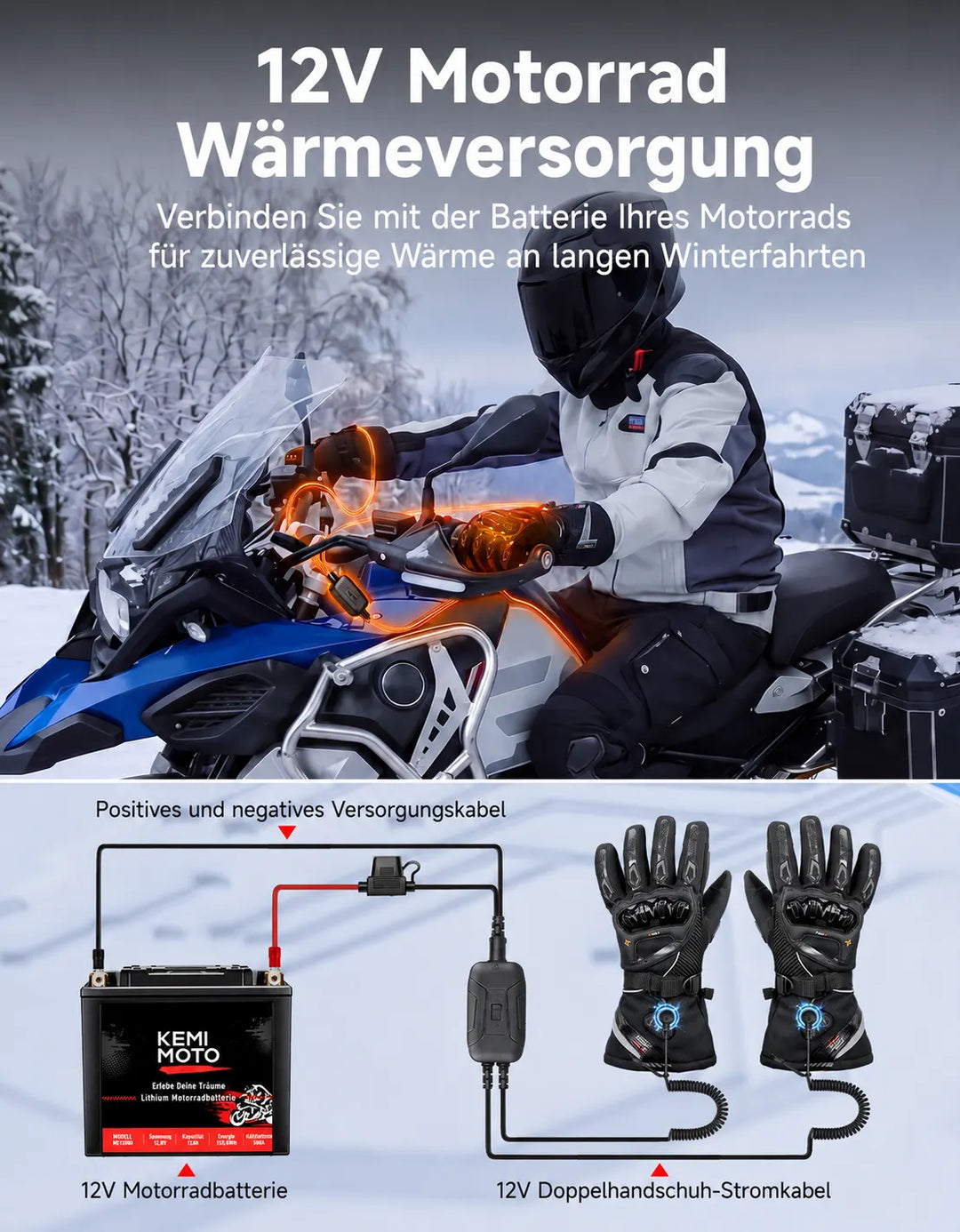 Heated Motorcycle Gloves with Hybrid Power and Magnetic Connector