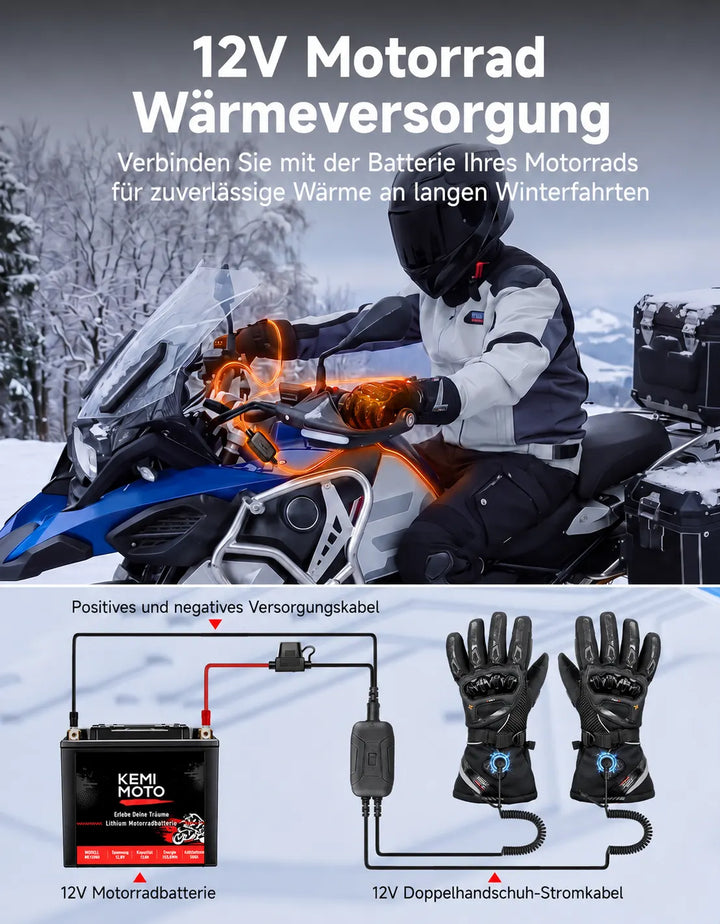 Heated Motorcycle Gloves with Hybrid Power and Magnetic Connector