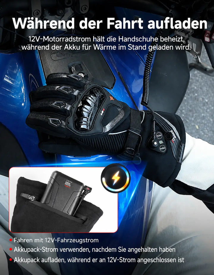 Heated Motorcycle Gloves with Hybrid Power and Magnetic Connector