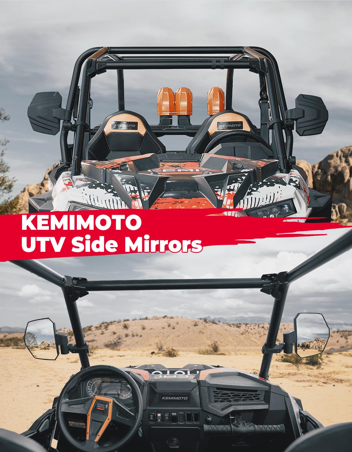 UTV Universal Large View Side Mirrors for 1.65"-2" Roll Bar