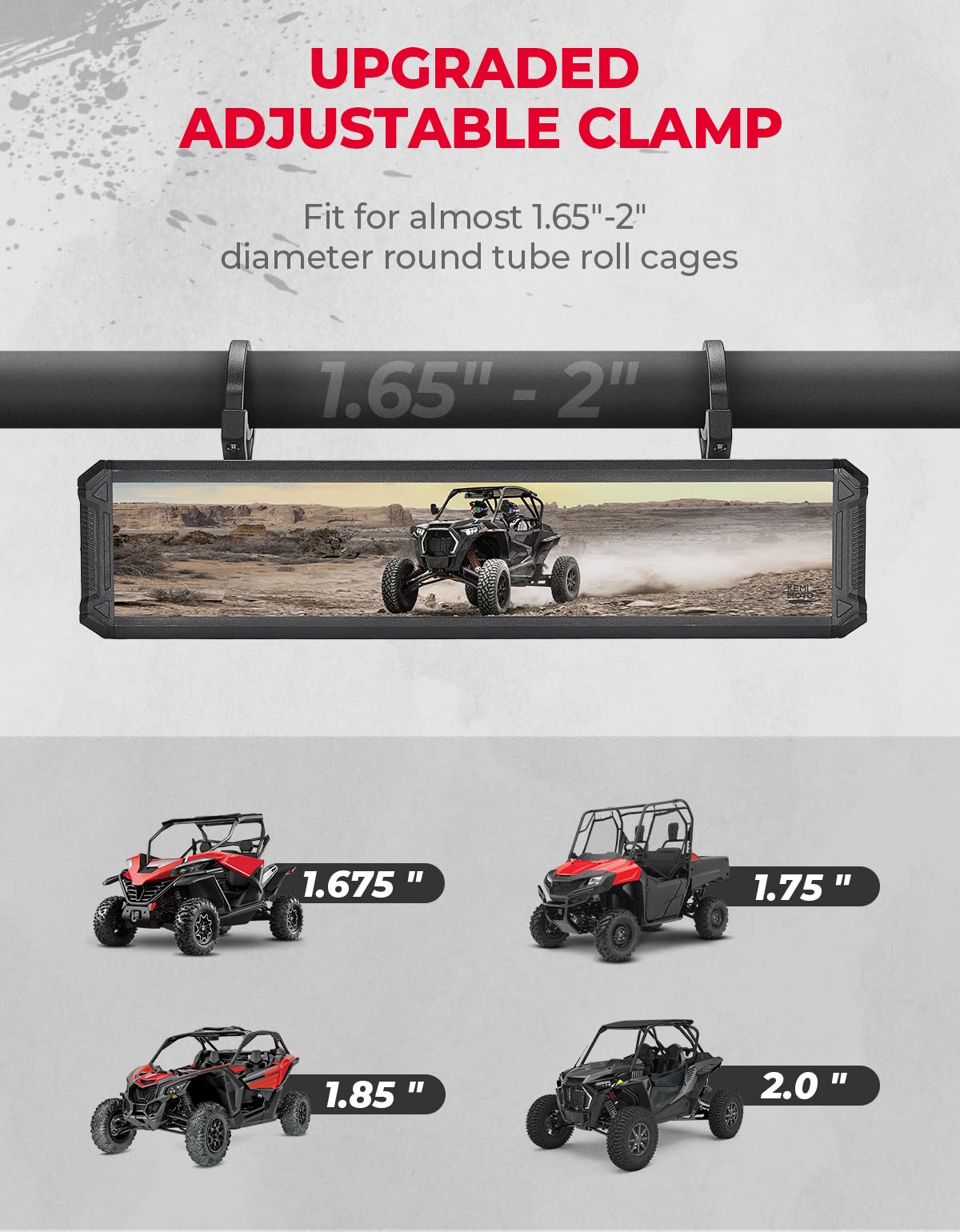 UTV Rear View Mirror with 1.65"-2" Sturdy Gear Clamp