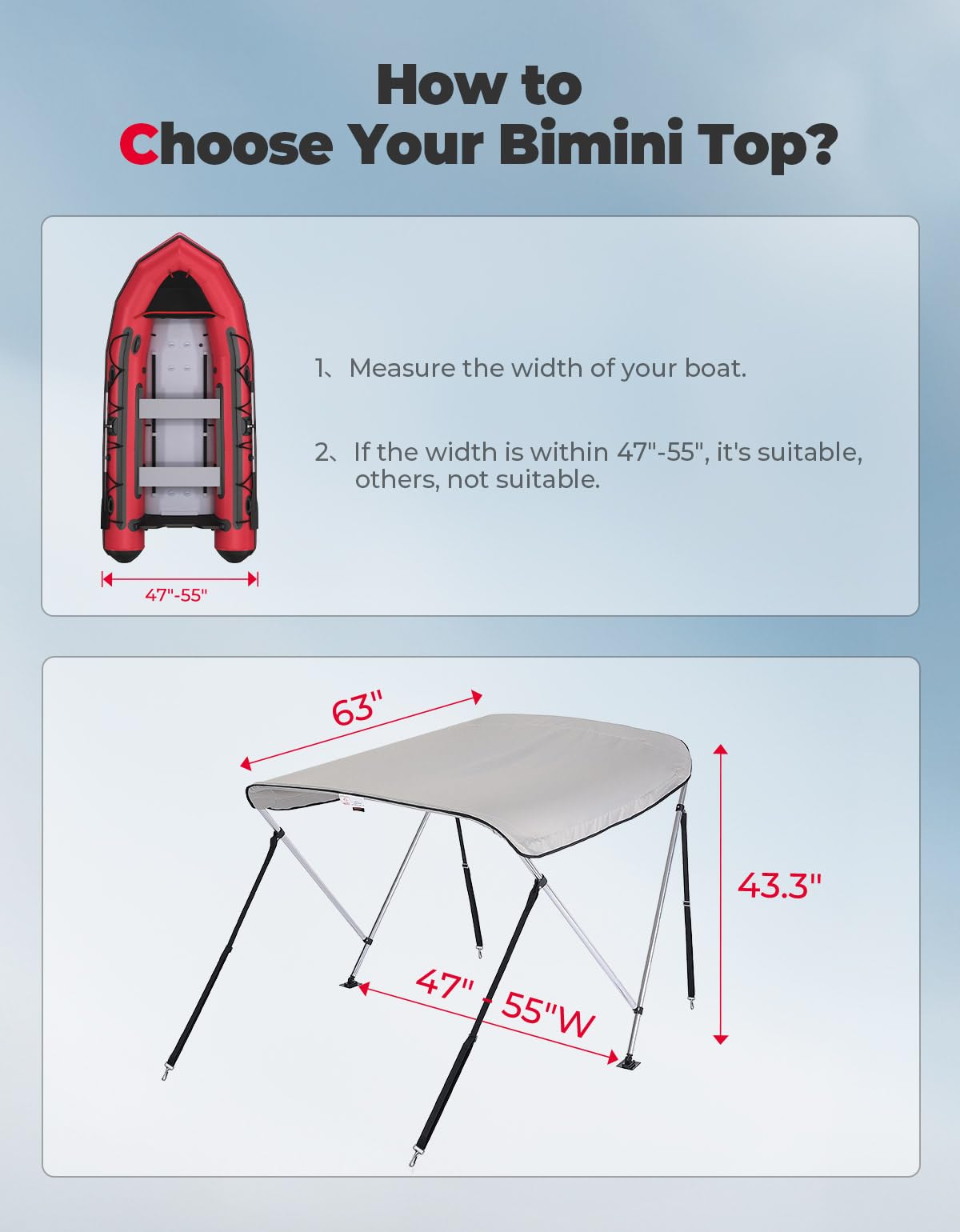 2 Bow Bimini Top Foldable 47''-55'' Width