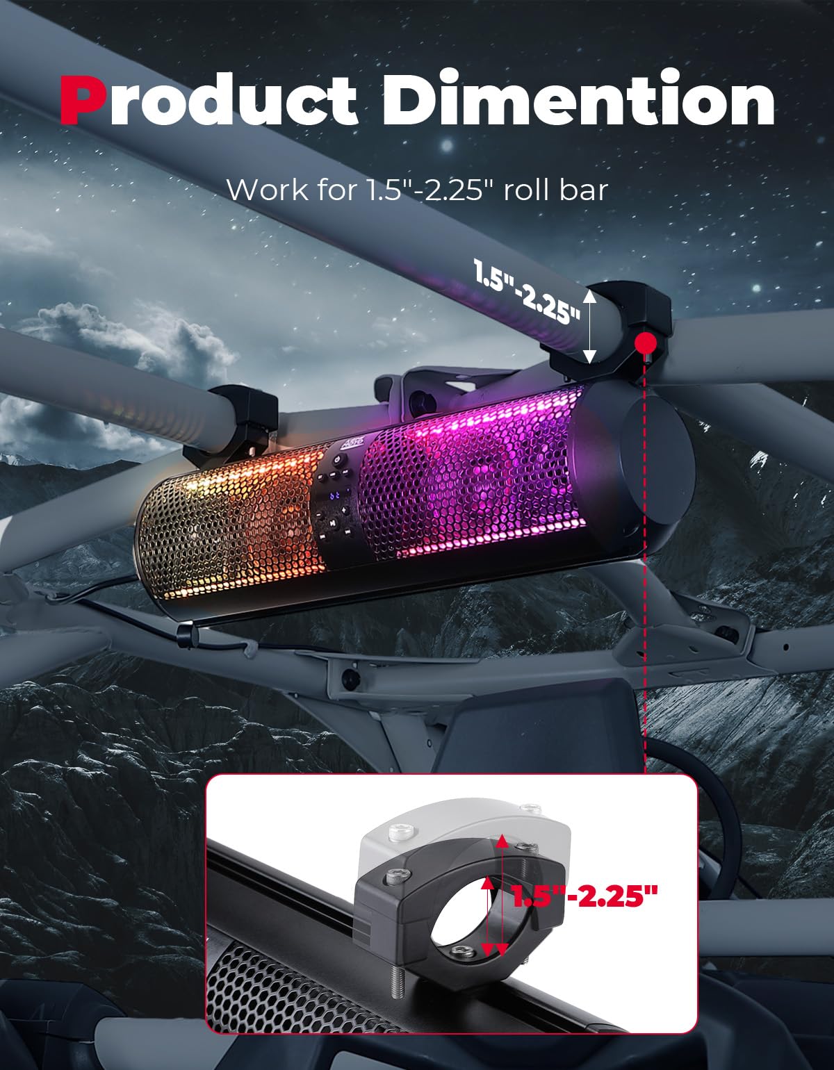 18" UTV Sound Bar RGB Bluetooth for Can Am Maverick X3/ RZR w/ 1.56"-2.25" Roll Bar