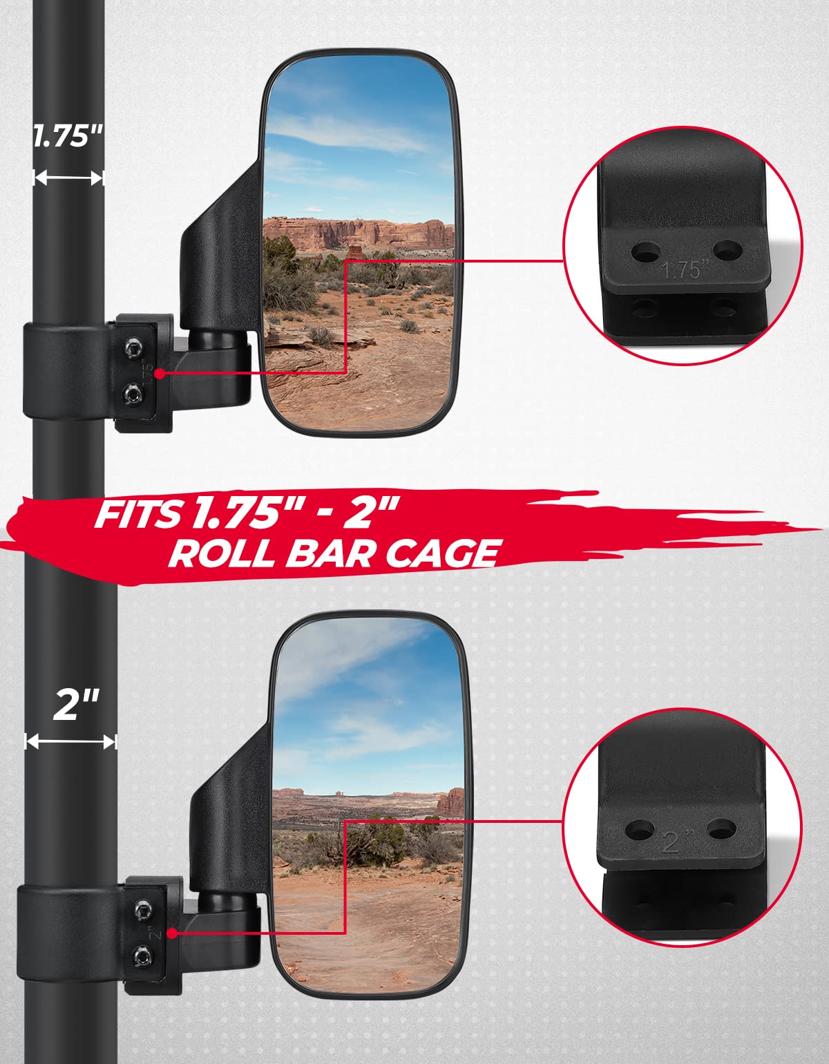 UTV Side Mirrors with Shatterproof Convex Glass for Polaris RZR Can-Am Maverick X3 Kawasaki Teryx Mule Pioneer, 1.5"-2" Roll Cage